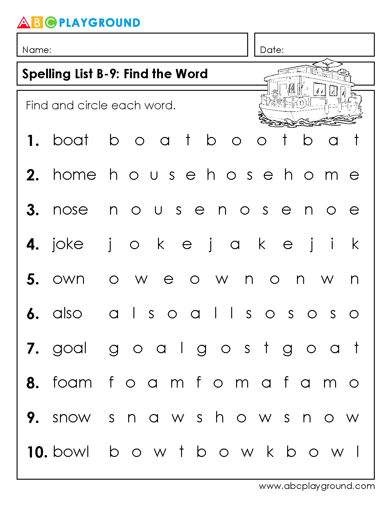 Find and Circle Words Spelling Practice Worksheet