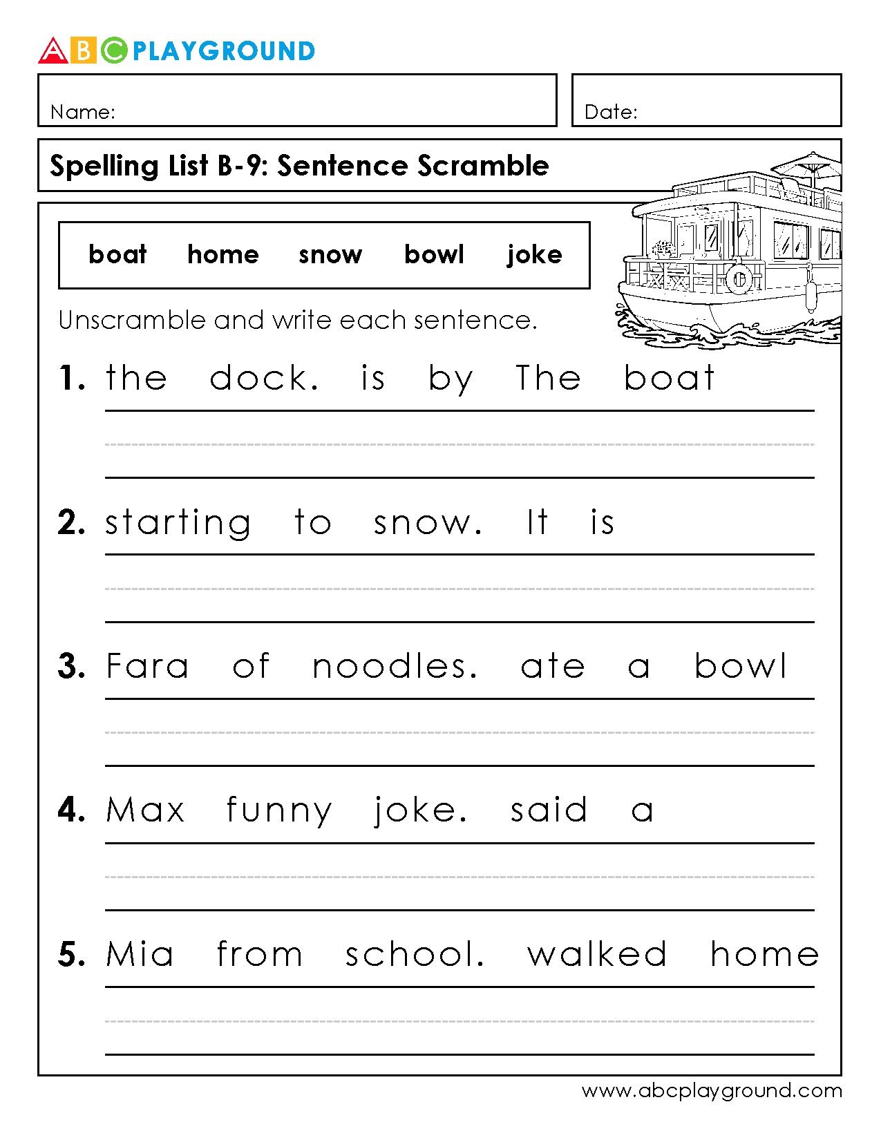 Sentence Scramble Spelling Practice Worksheet