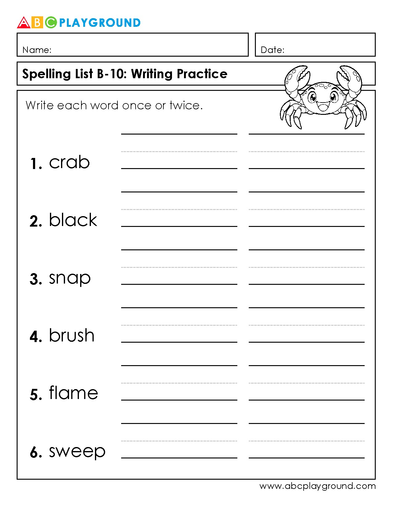 Spelling List B-10 Writing Practice Worksheet