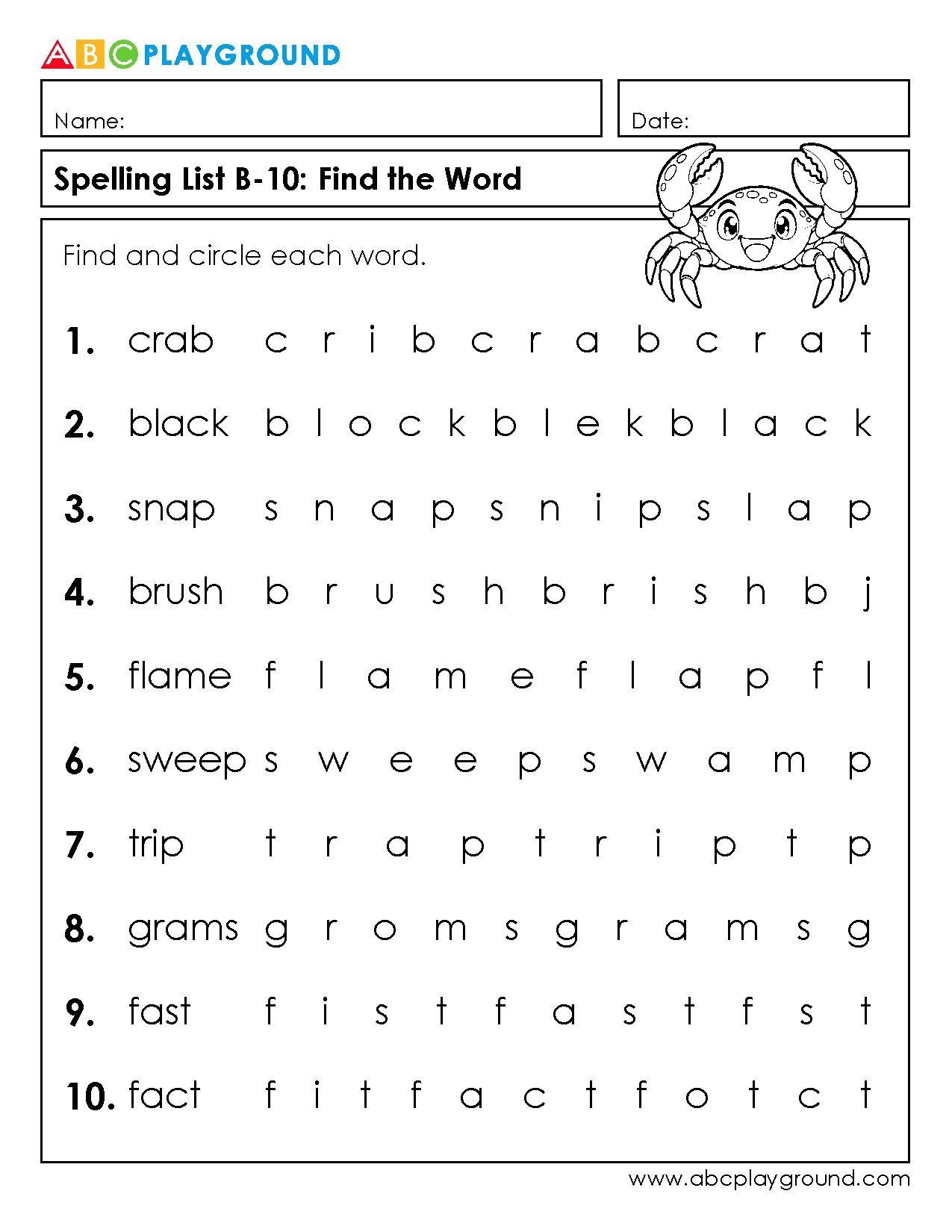 Spelling Word Search Puzzle with Common Words
