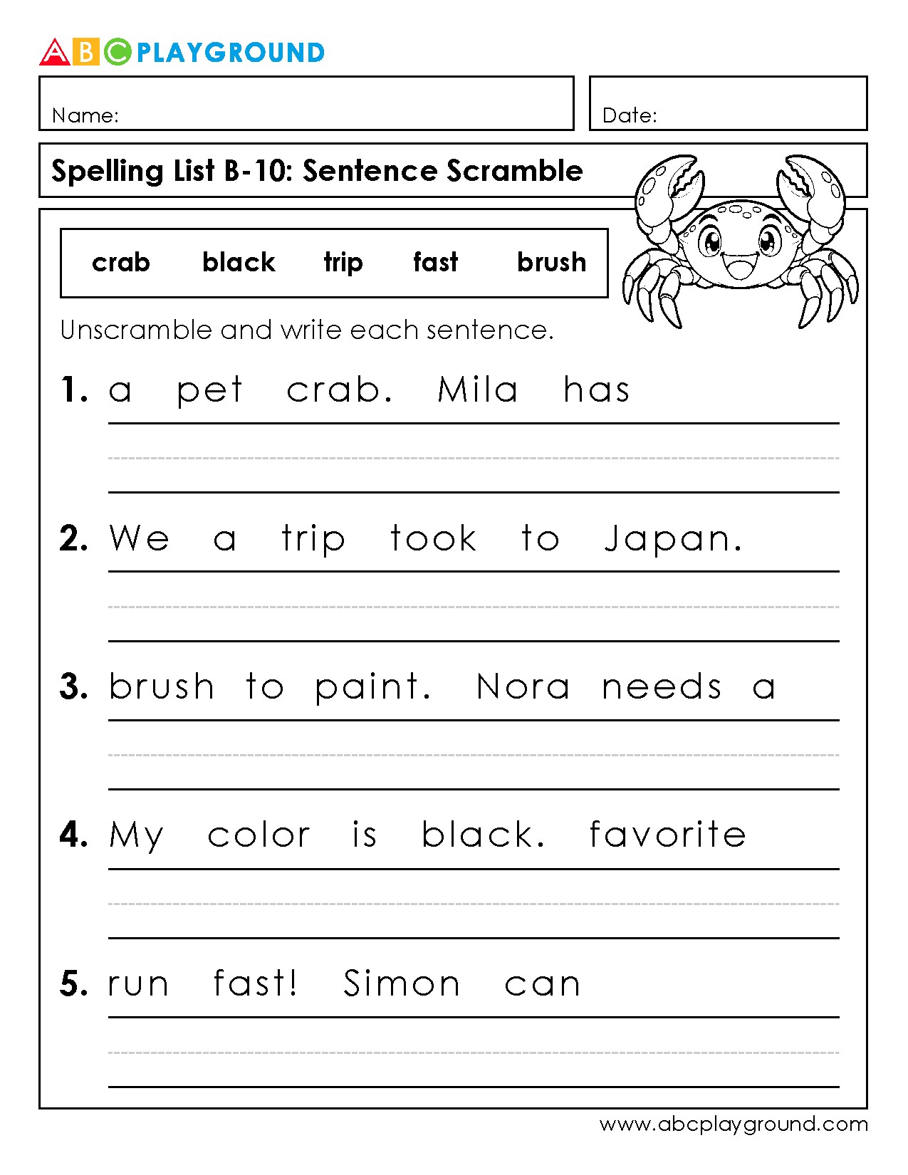 Sentence Scramble Worksheet to Practice Spelling and Grammar