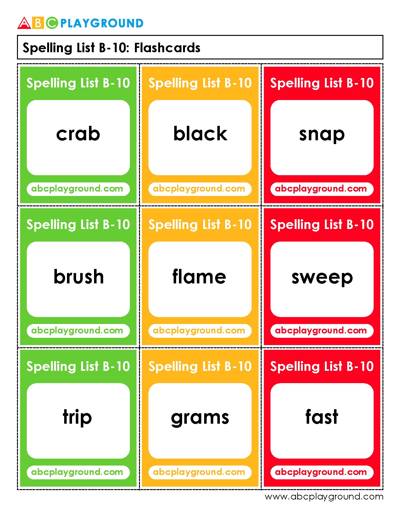 Spelling List B-10 Flashcards for Vocabulary Practice