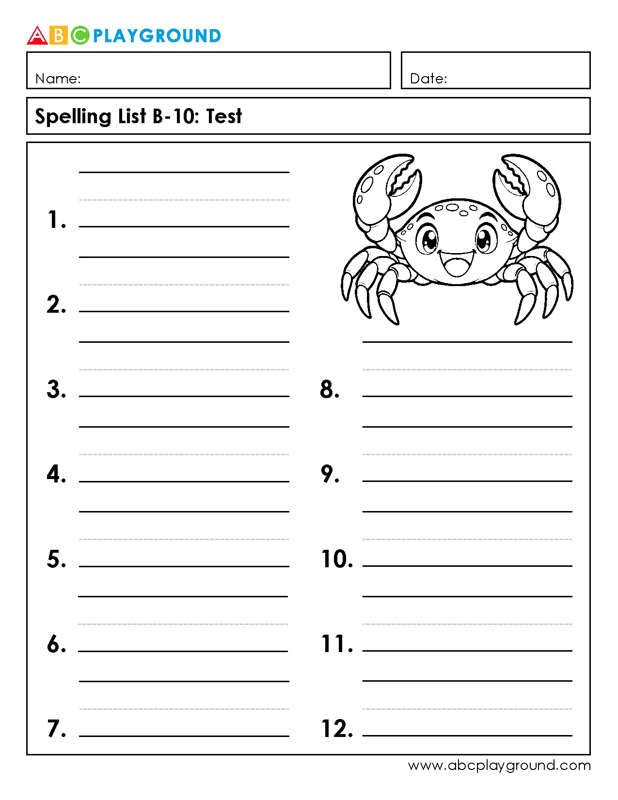 Spelling Test Worksheet with 12 Word Spaces and Fun Crab Illustration