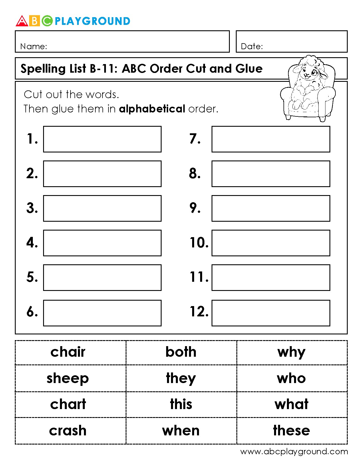Alphabetical Order Cut and Glue Spelling Activity