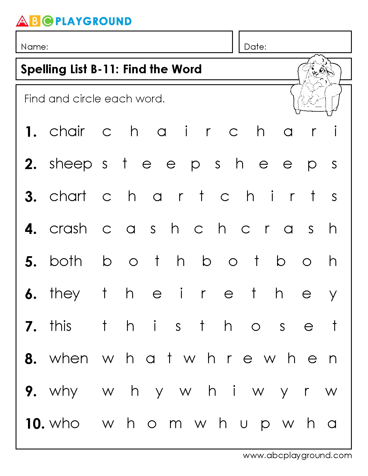 Spelling Word Search Worksheet with Common Sight Words