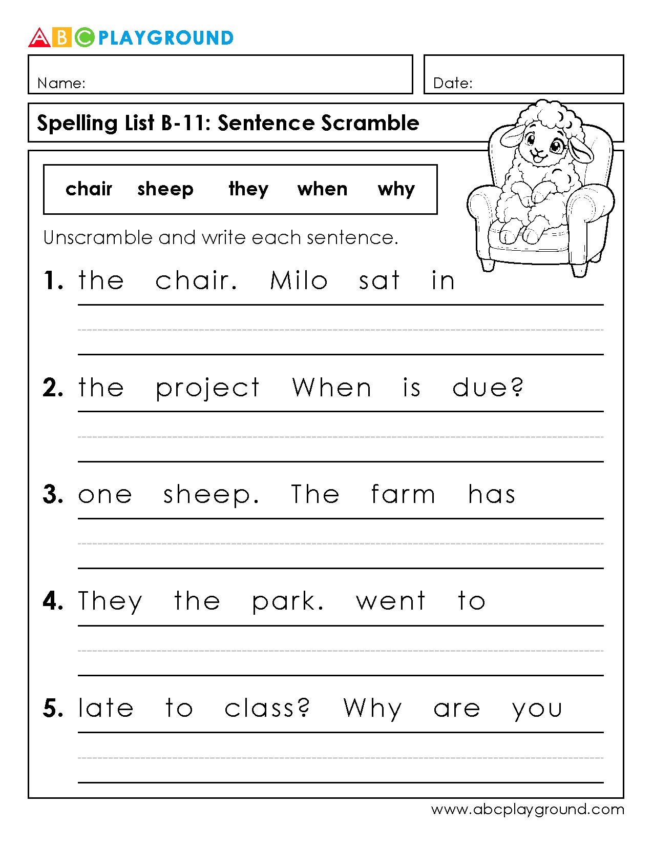Sentence Scramble Worksheet for Spelling Practice