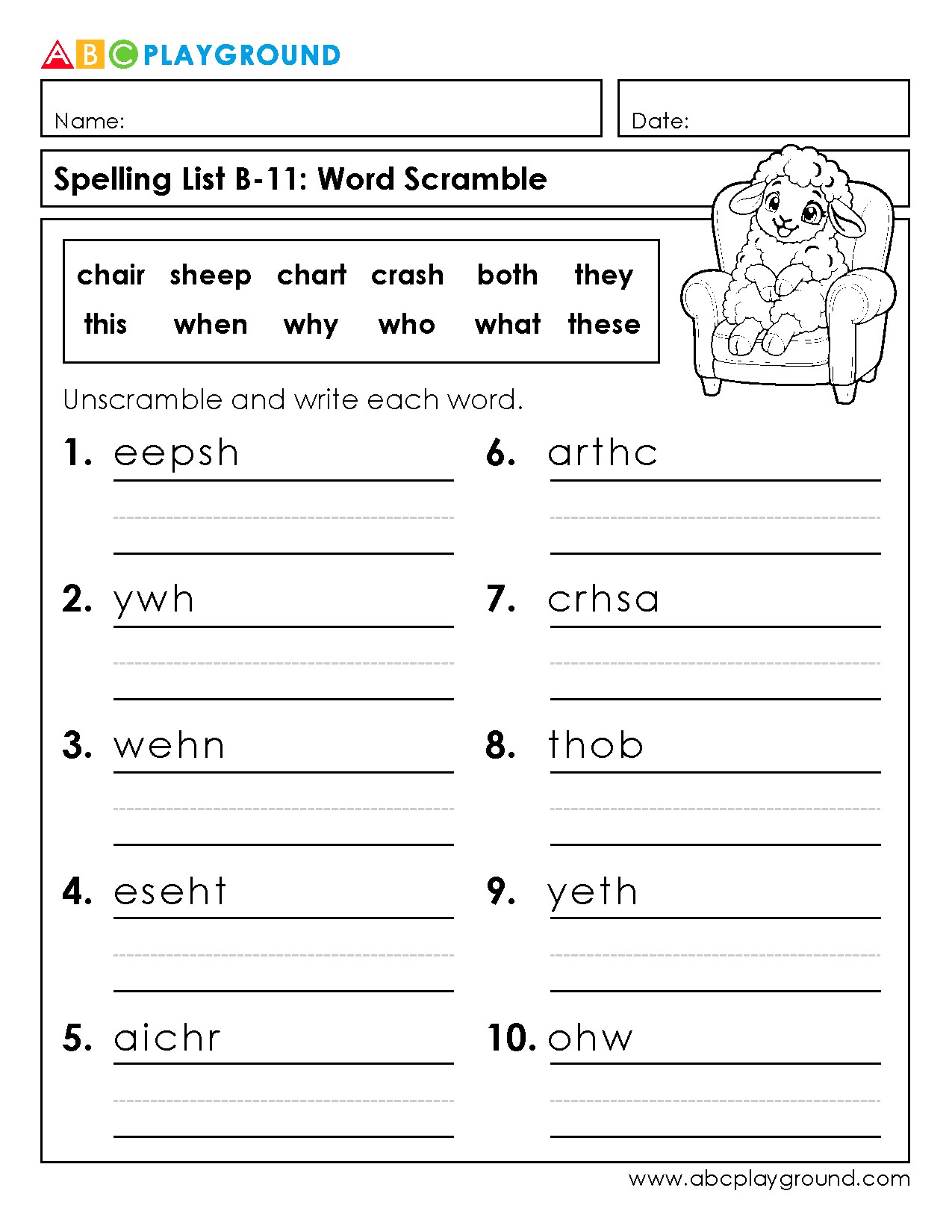 Spelling Word Scramble Worksheet for Elementary Students