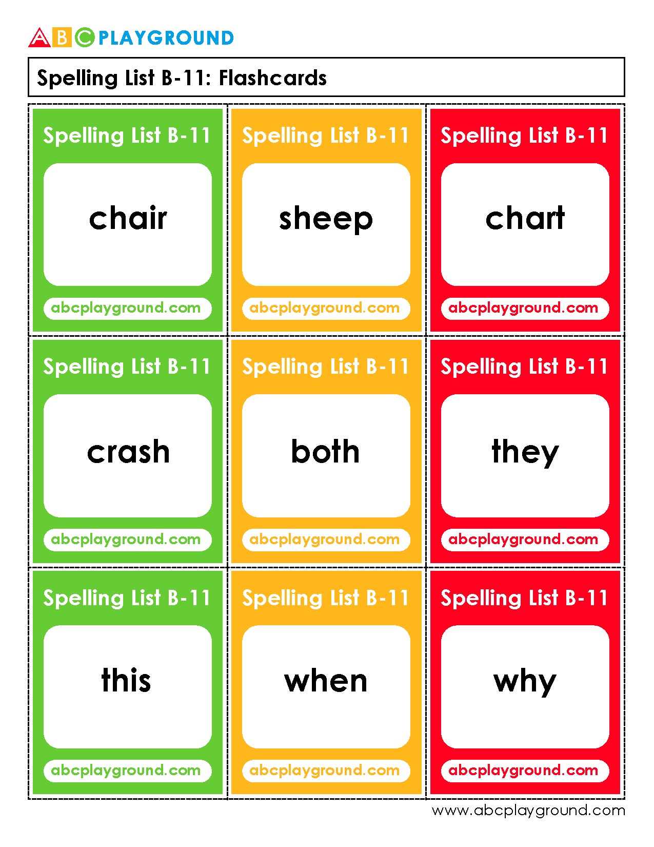 Spelling List B-11 Flashcards for Sight Words Practice