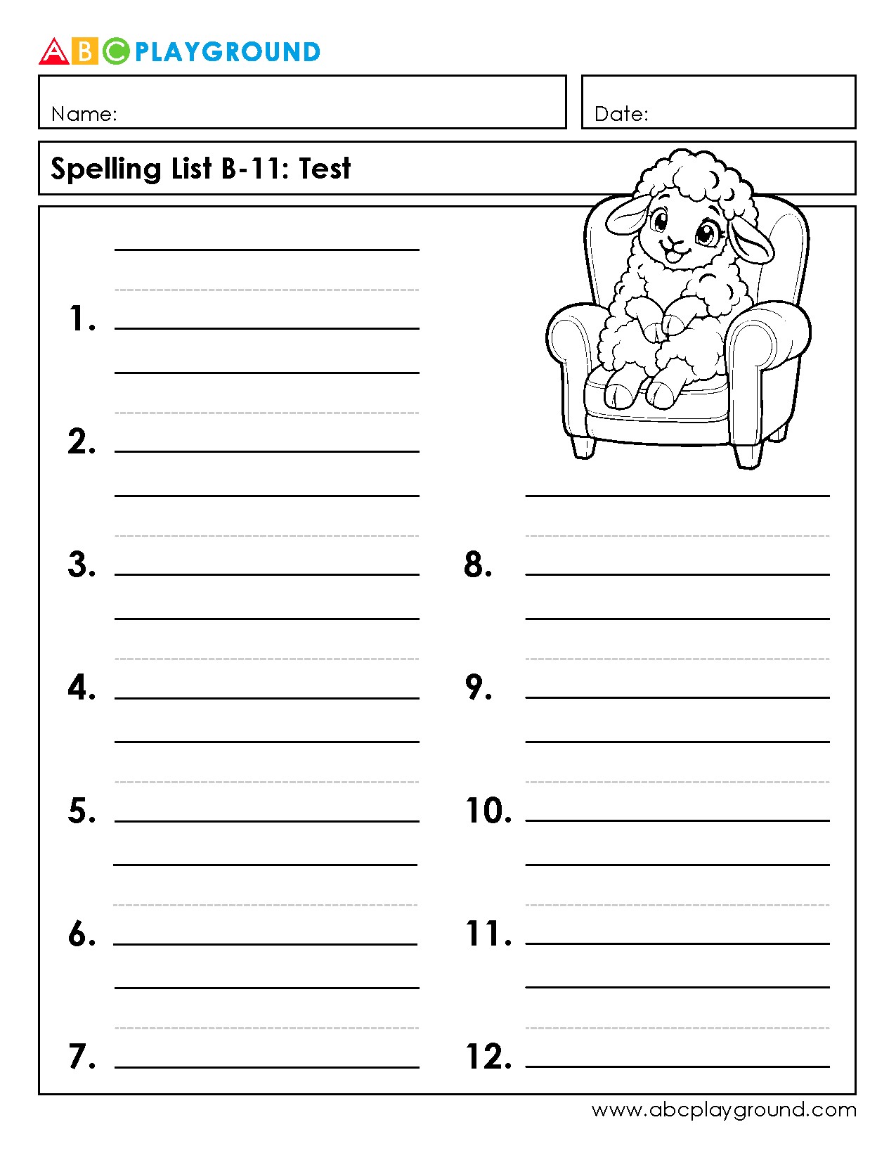 Printable Spelling Test Worksheet for Elementary Students