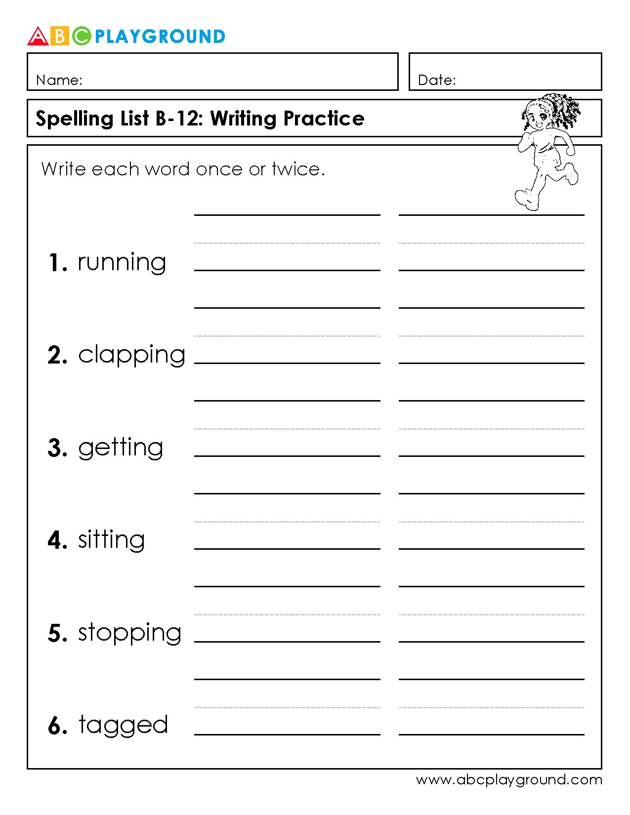 Spelling List B-12 Writing Practice Worksheet