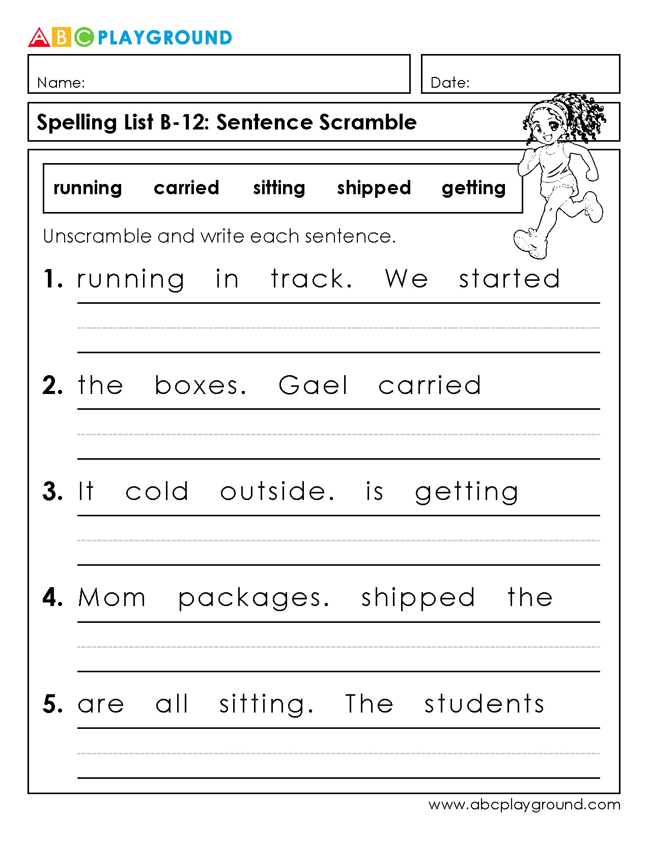 Sentence Scramble Spelling Practice with Action Words