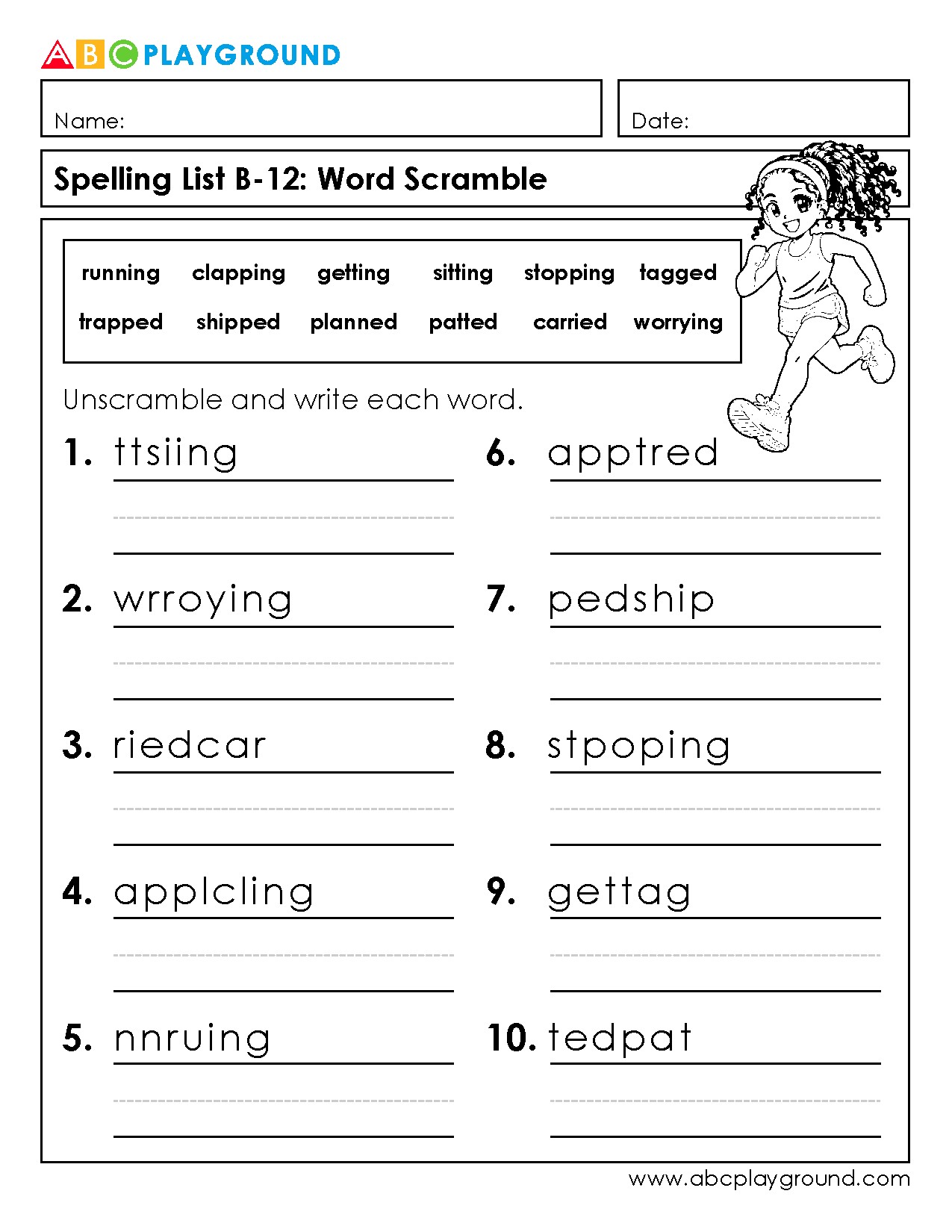 Word Scramble Spelling Worksheet with Action Words