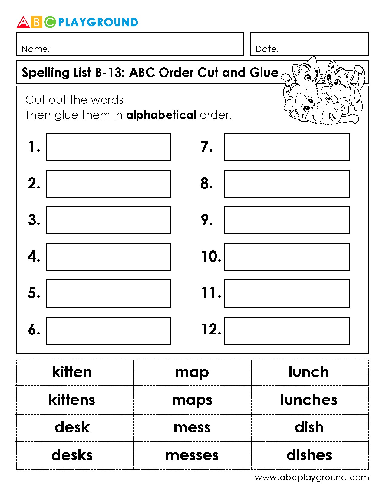 Alphabetical Order Spelling Cut and Glue Activity