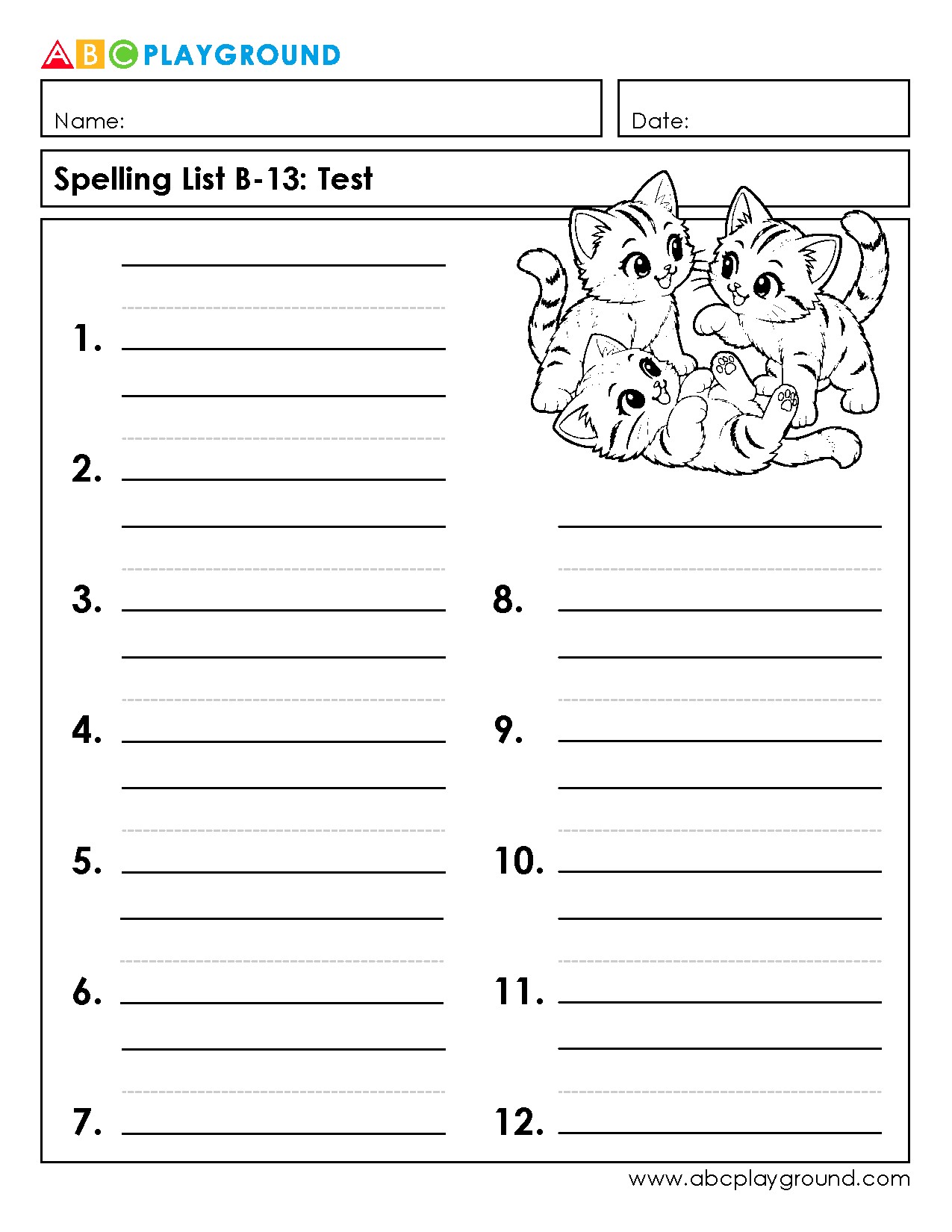 Printable Spelling List Test Worksheet with Cute Cat Illustration