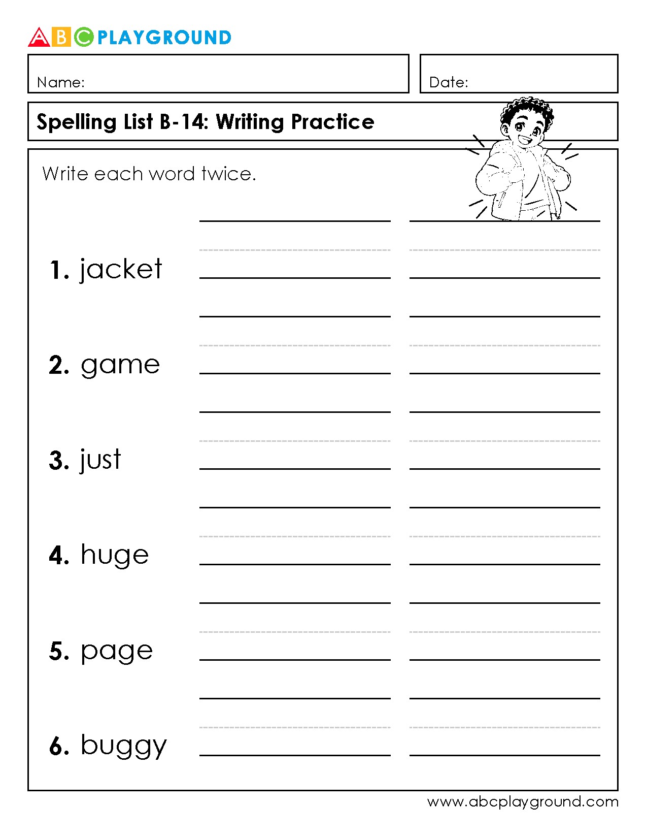 Spelling List B-14 Writing Practice Worksheet
