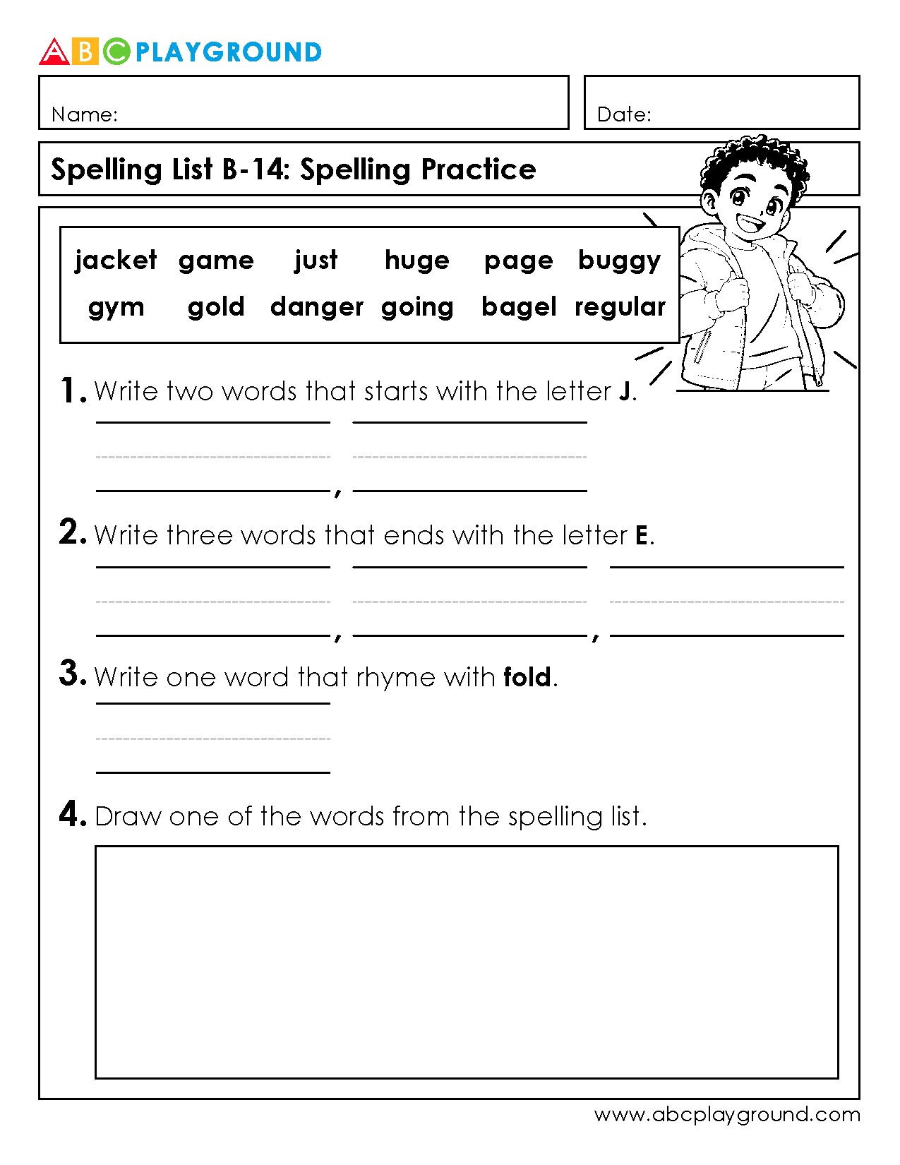 Spelling Practice Worksheet for Letter J and Rhyming Words