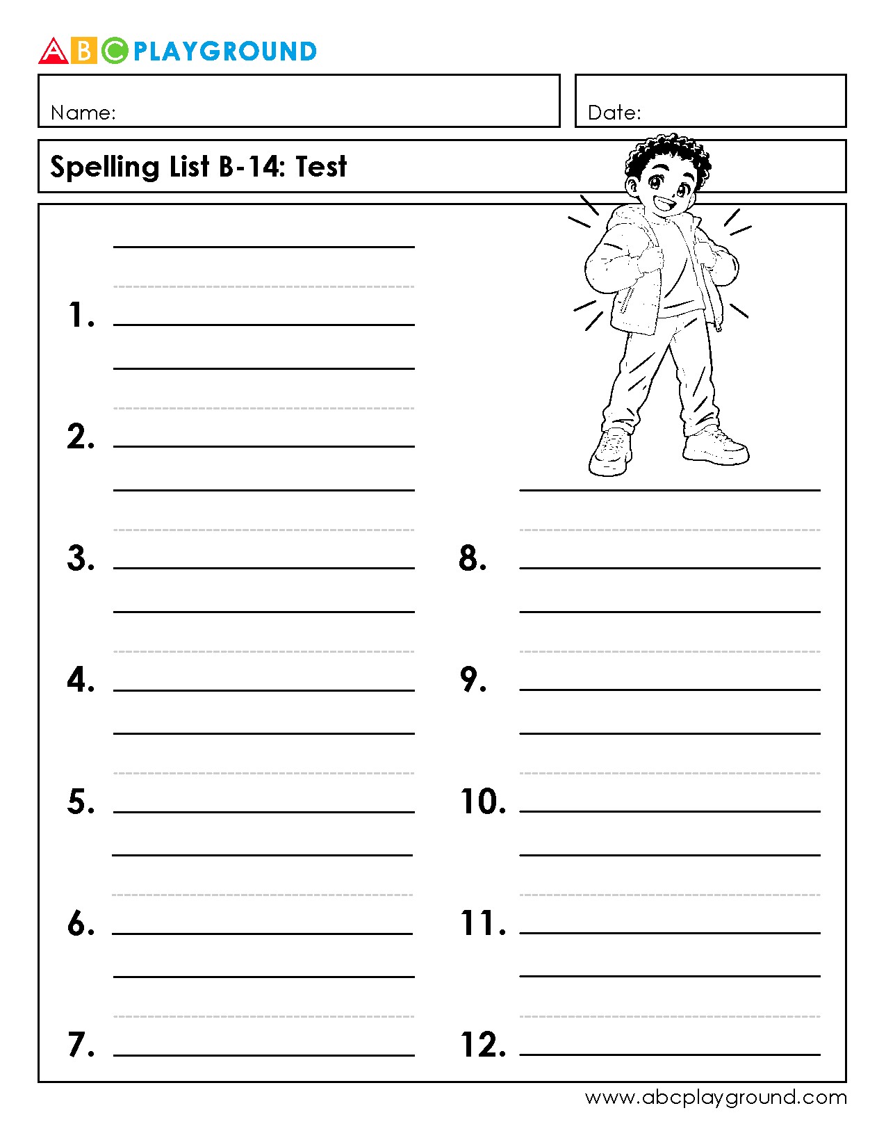 Printable Spelling Test Worksheet with 12 Blank Lines