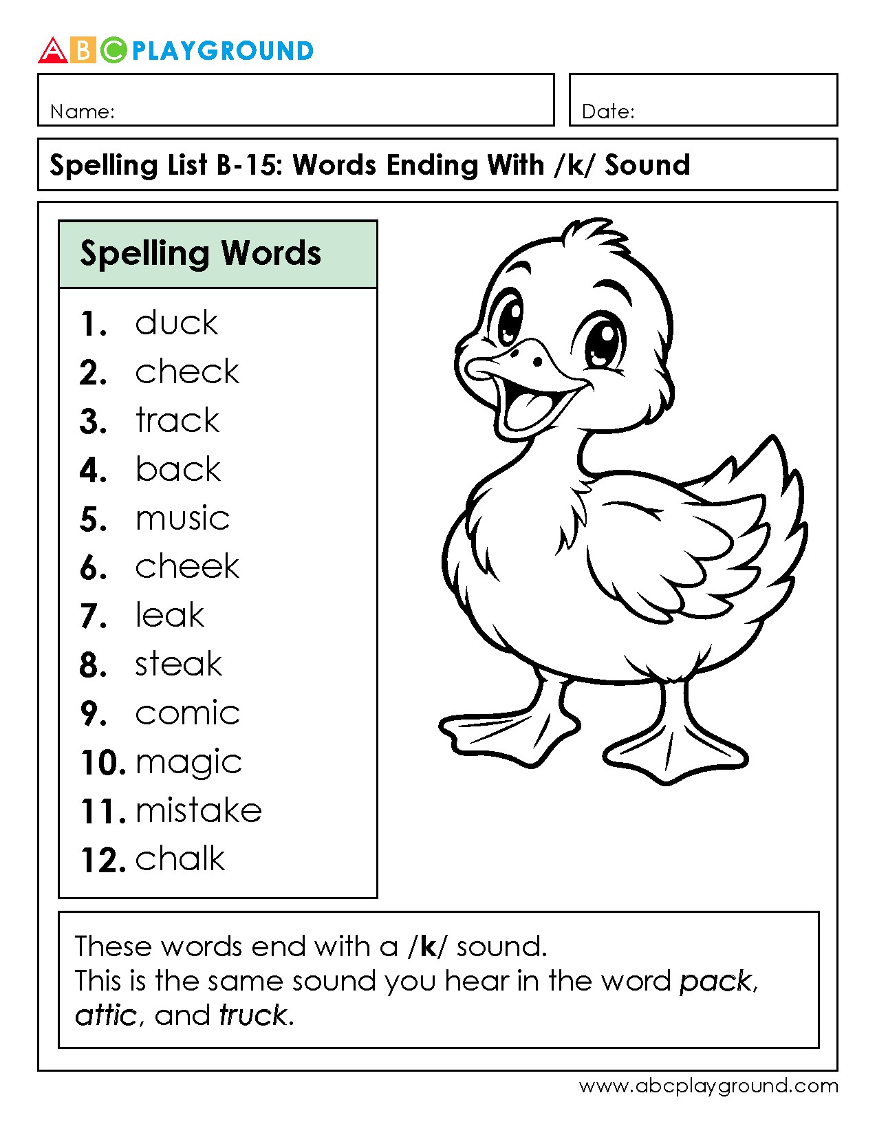 Spelling Words Ending With the /k/ Sound