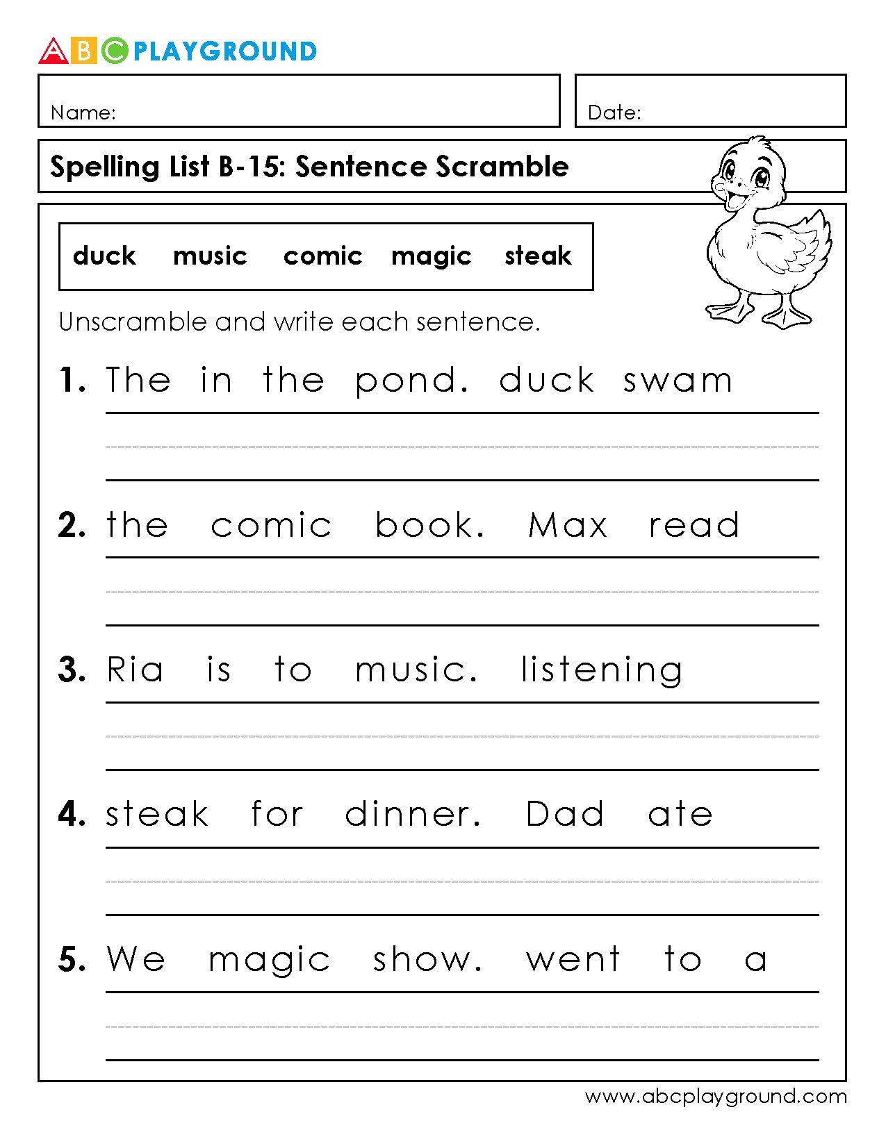 Sentence Scramble Worksheet for Spelling Practice
