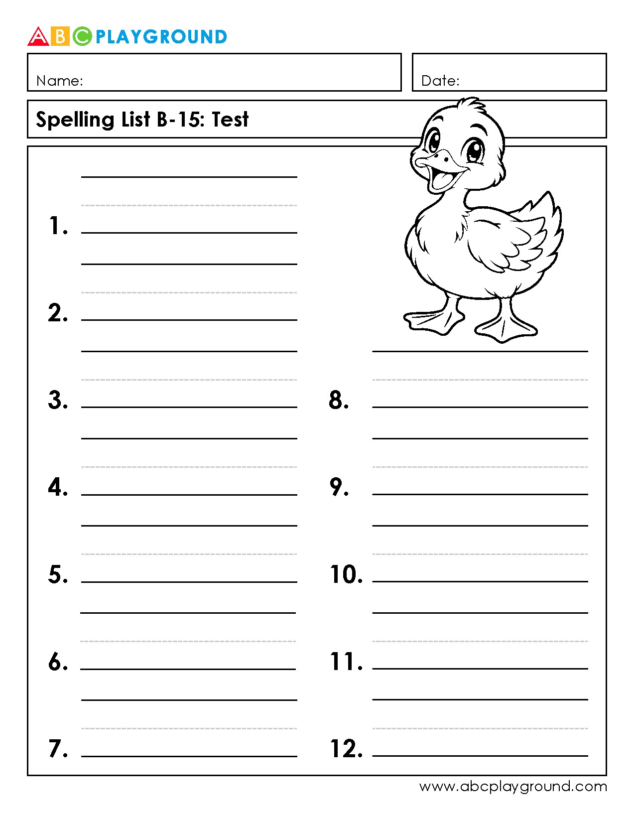 Printable Spelling Test Worksheet for Elementary Students