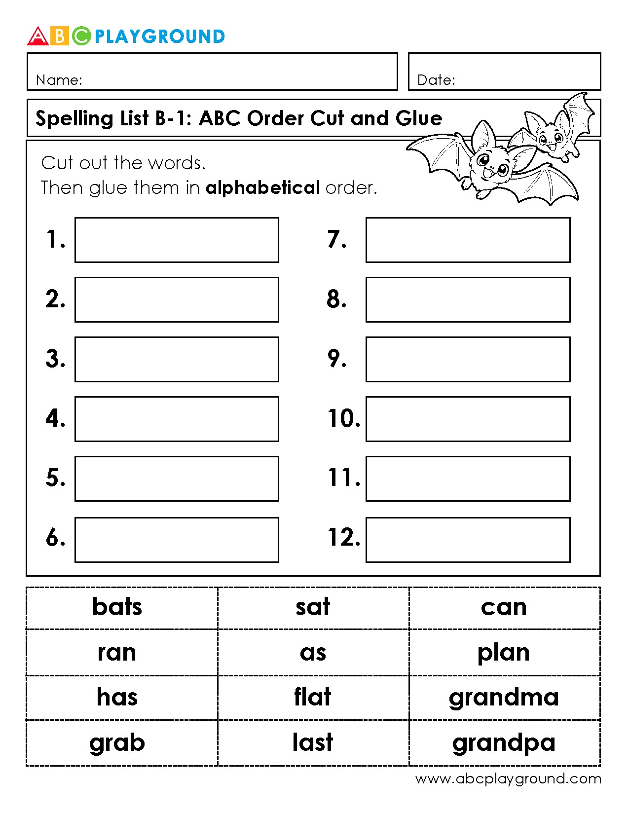 Cut and Glue Words in Alphabetical Order Worksheet
