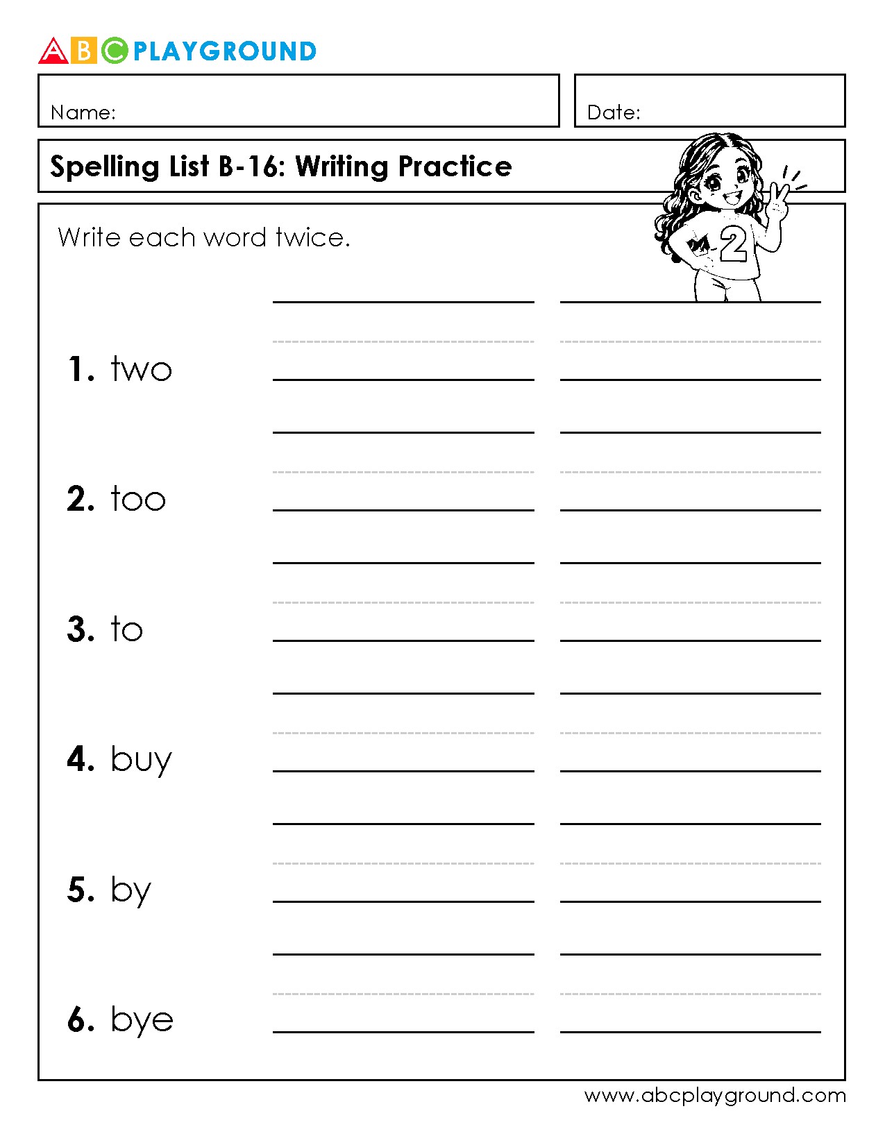 Spelling List B-16 Writing Practice Worksheet