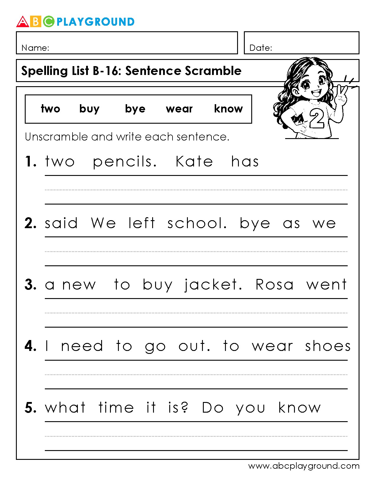 Sentence Scramble Worksheet for Spelling Practice