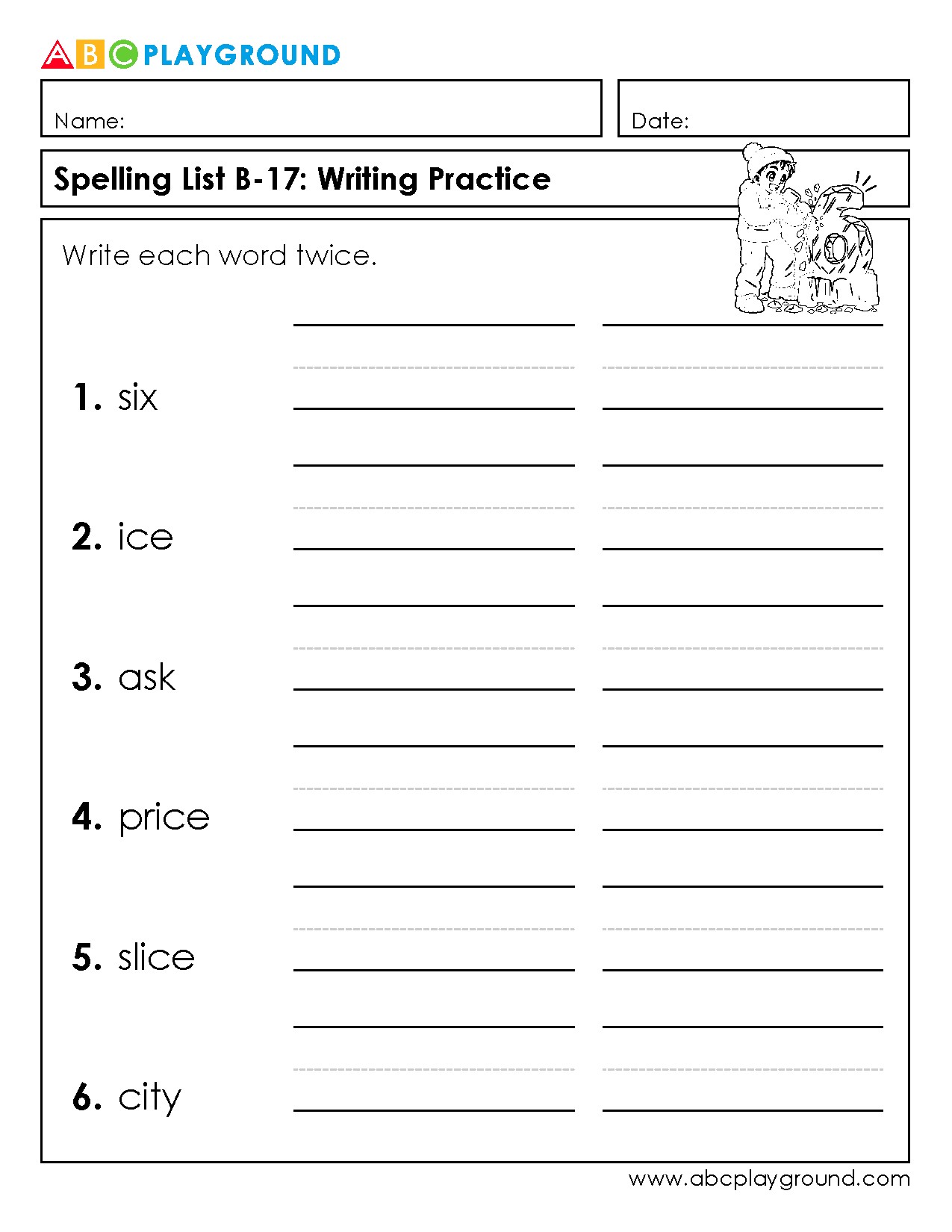 Spelling List B-17 Writing Practice Worksheet