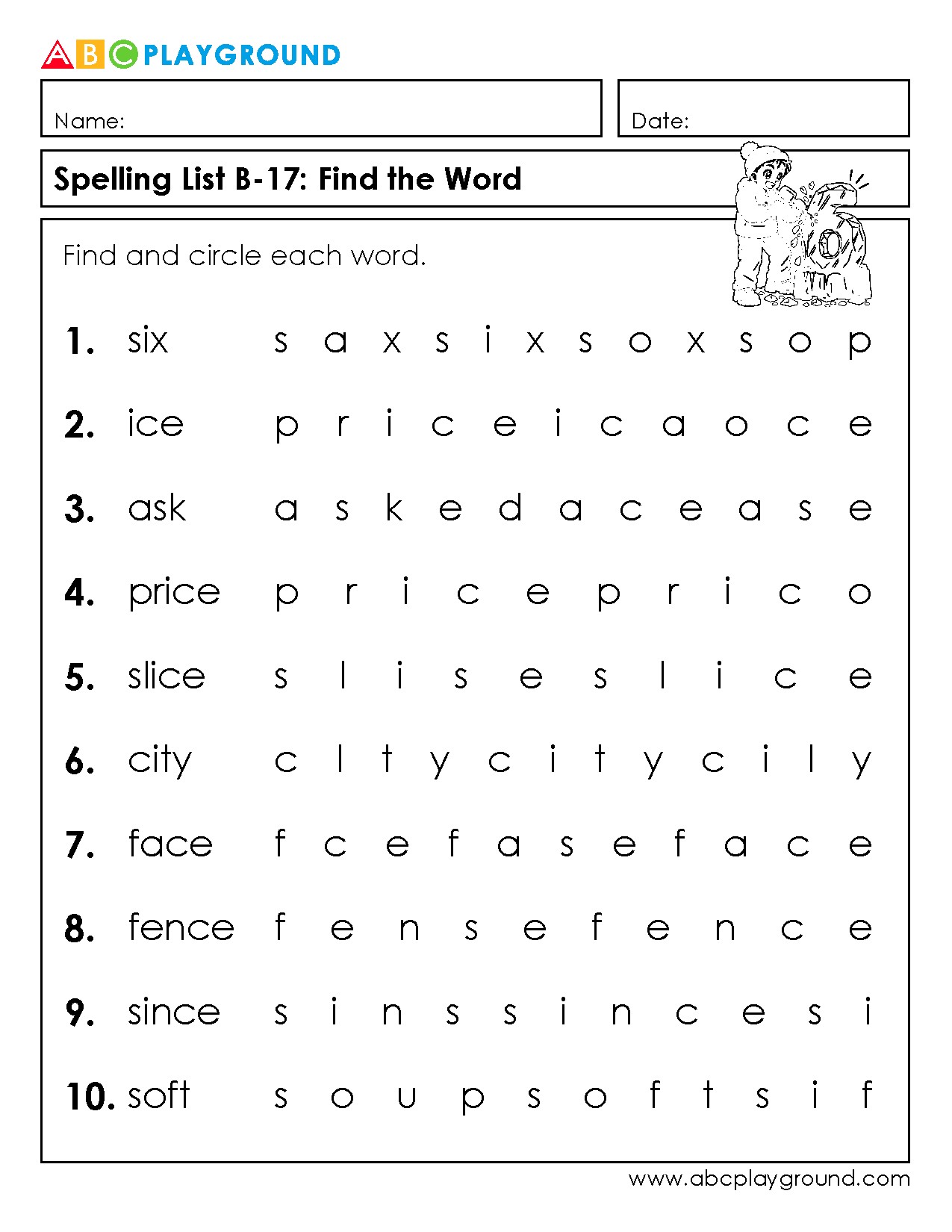 Find and Circle the Spelling Words Puzzle