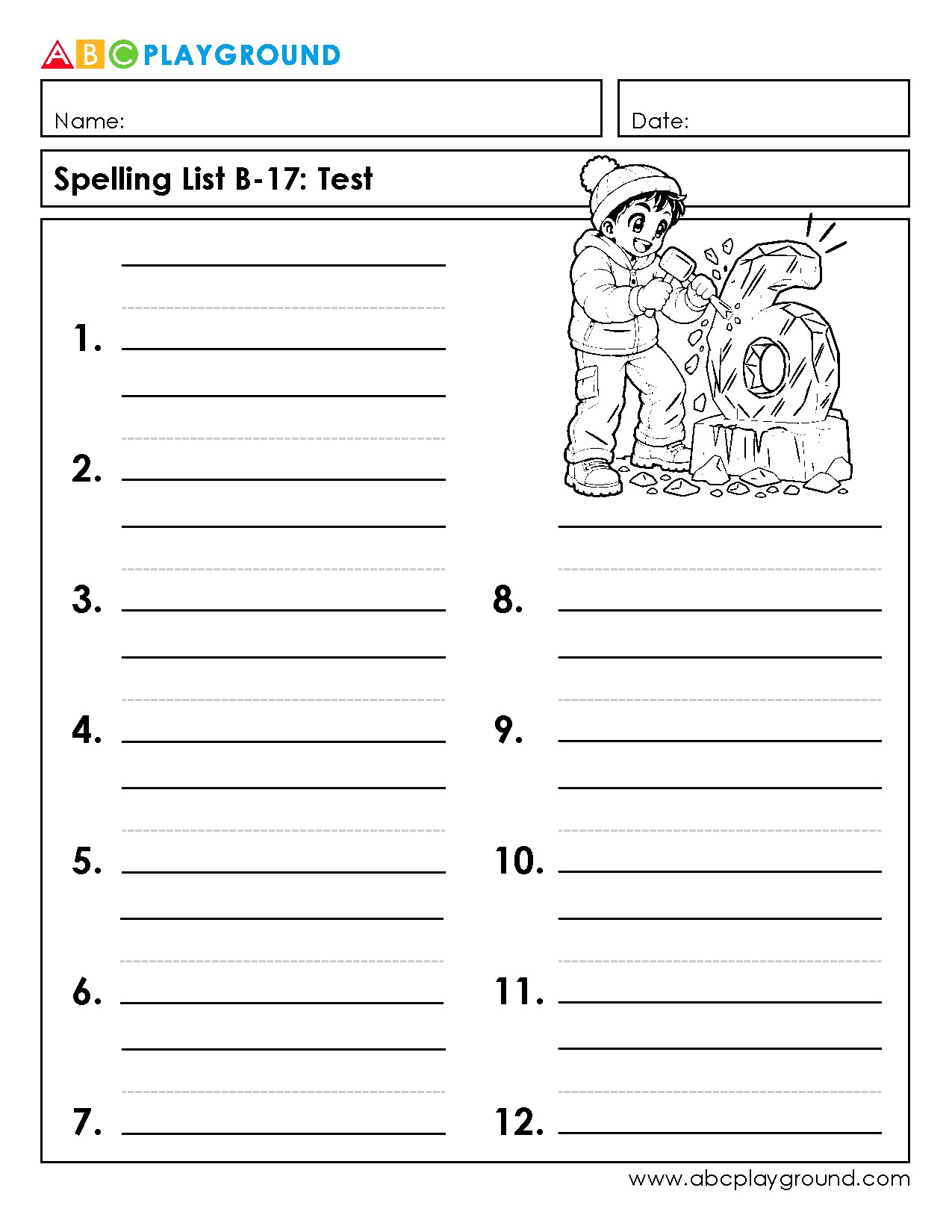Printable Spelling Test Worksheet for Vocabulary Practice