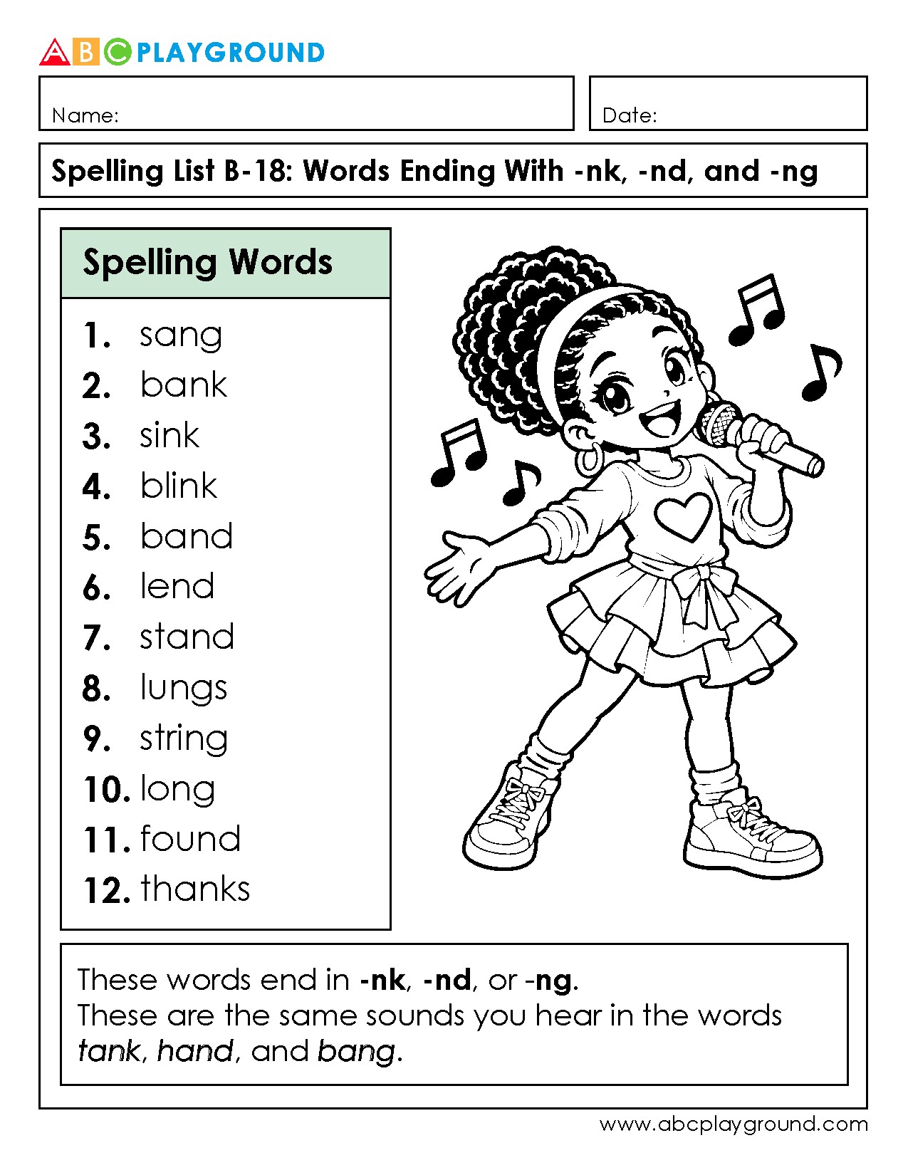 Spelling Practice for Words Ending in -nk, -nd, and -ng