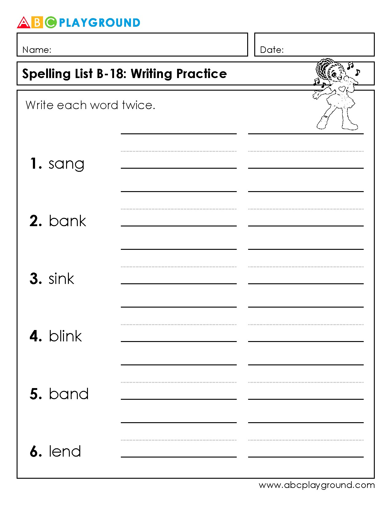 Spelling List Writing Practice Worksheet