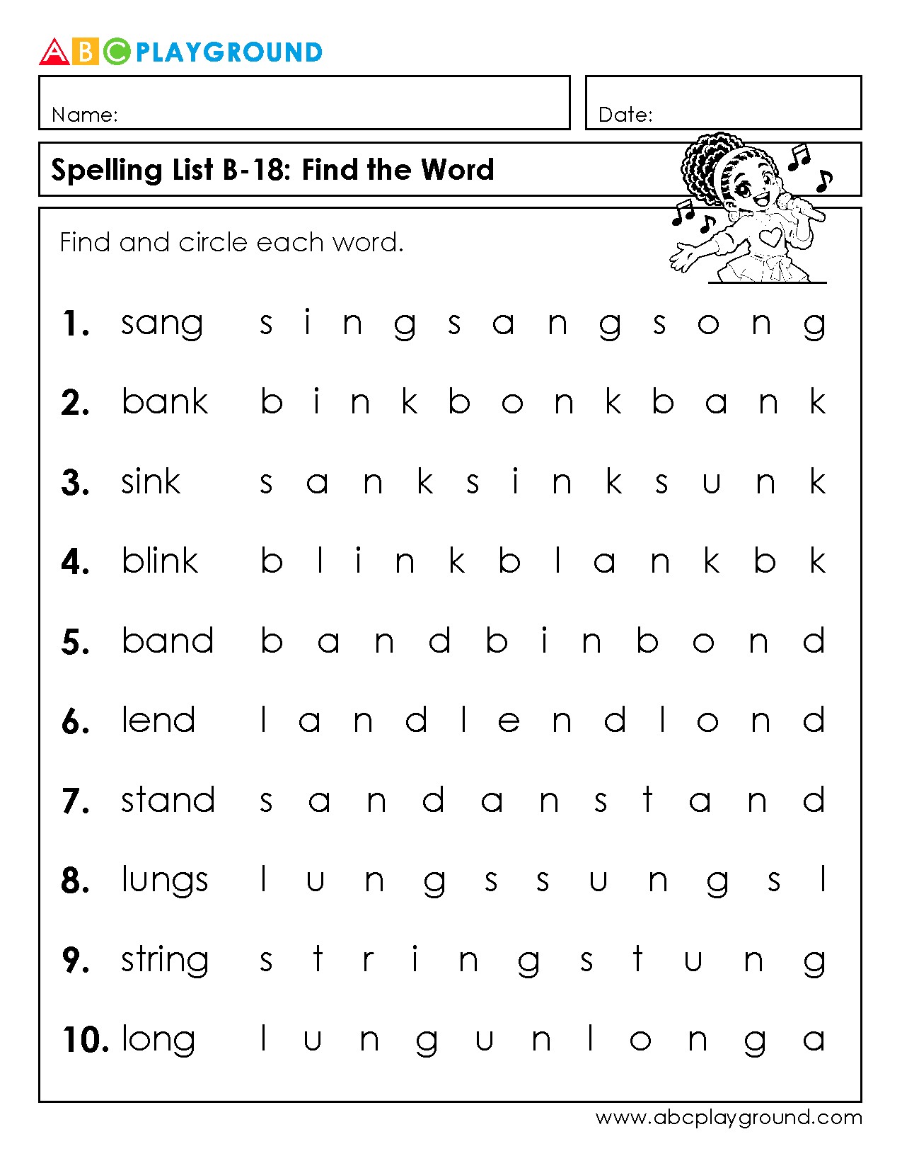 Find and Circle Spelling Words Worksheet