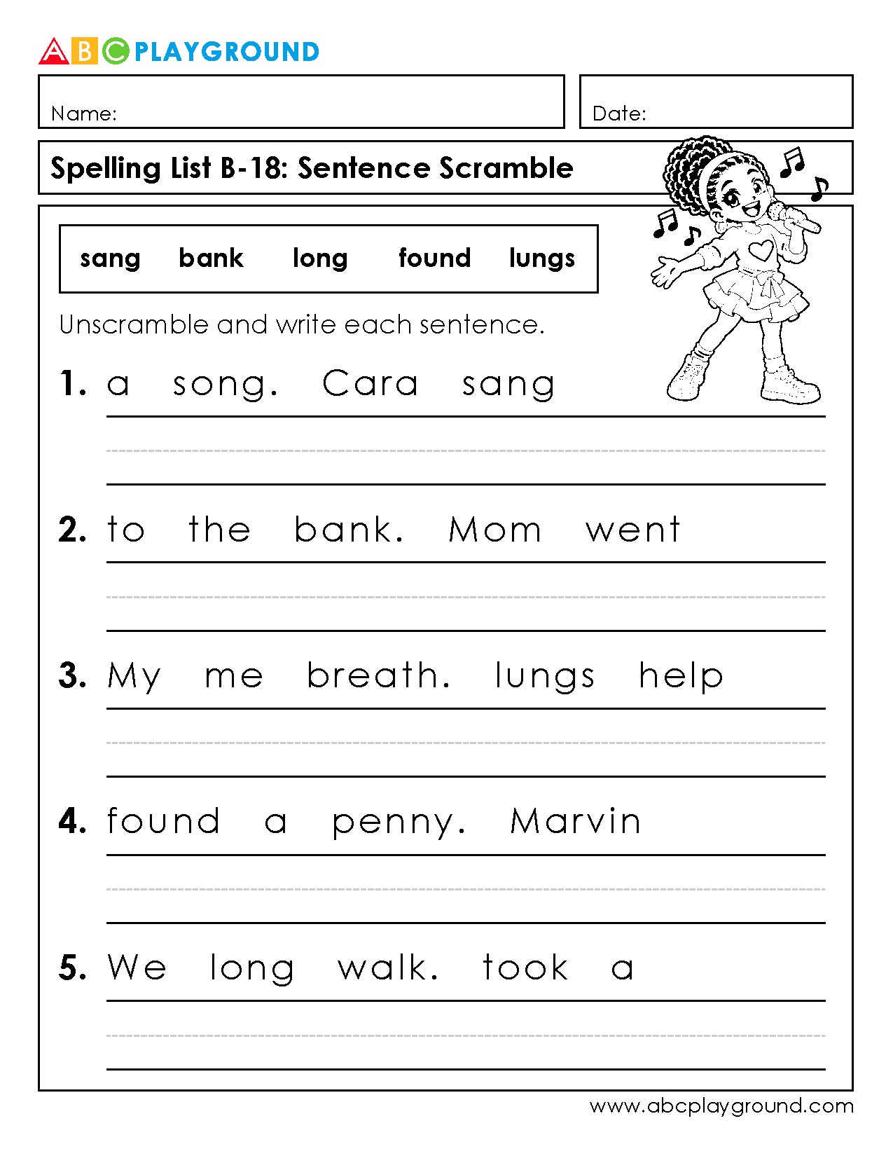 Sentence Scramble Spelling Practice Worksheet