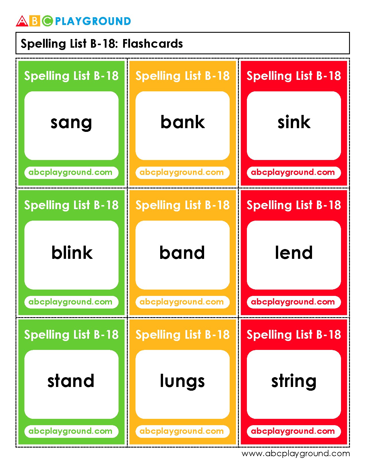 Spelling List B-18 Flashcards for Word Practice