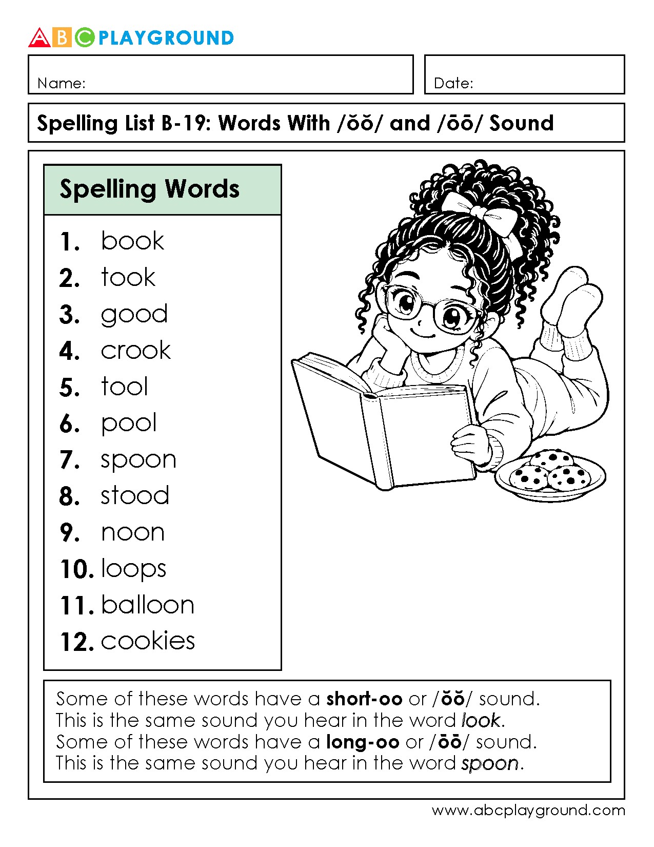 Spelling List: Words with Short and Long Oo Sounds