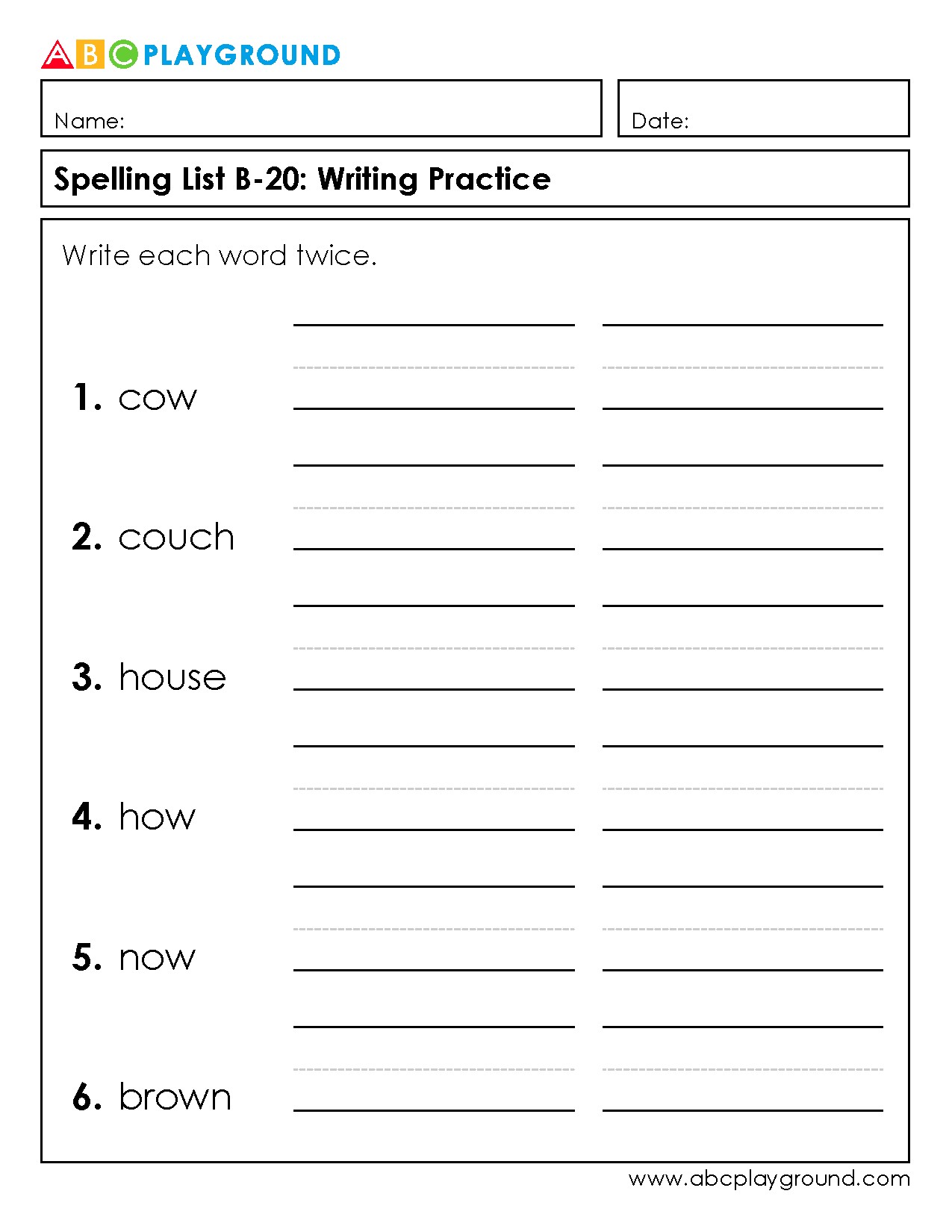 Spelling List B-20 Writing Practice Worksheet