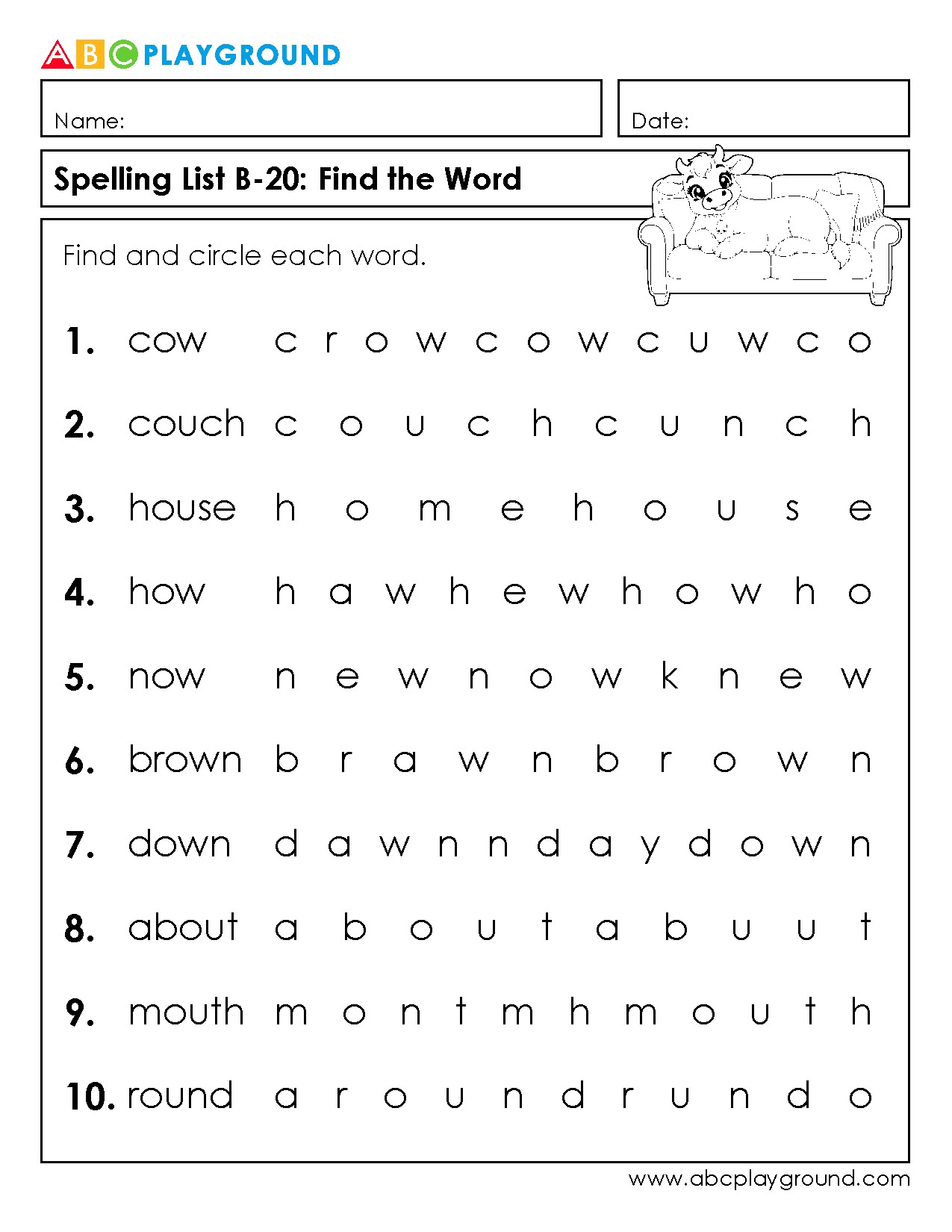 Find and Circle Words Spelling Activity Worksheet