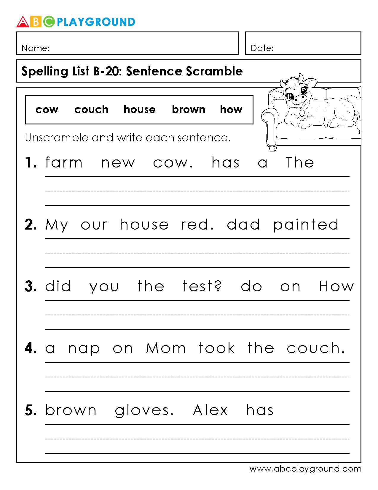 Sentence Scramble Worksheet for Spelling Practice