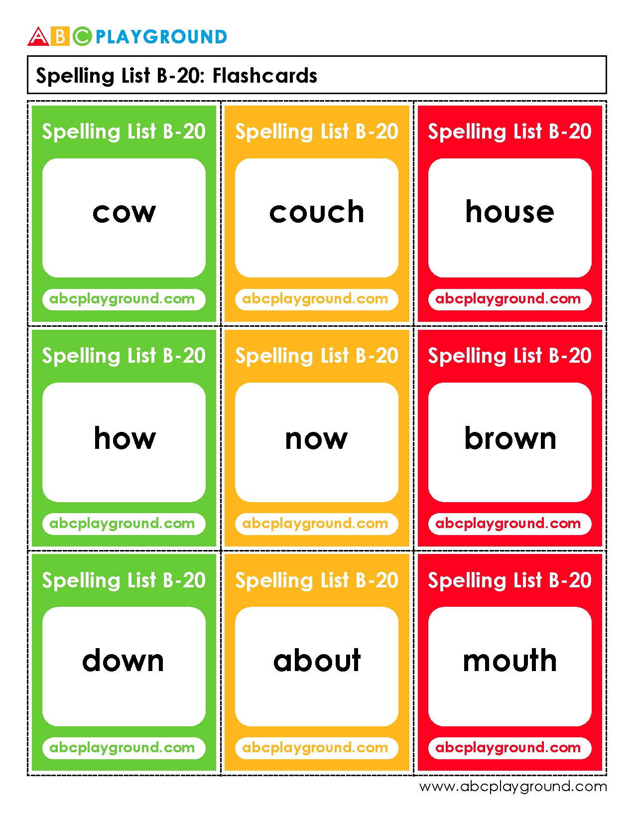 Printable Spelling List B-20 Flashcards for Early Learners