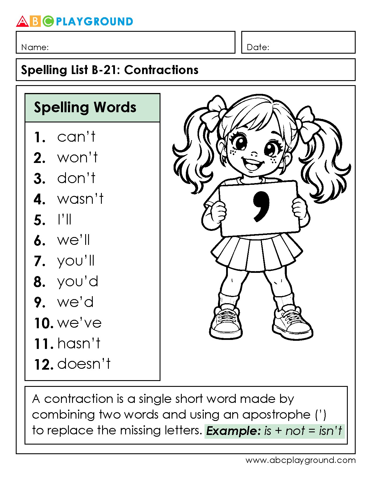 Spelling List: Learning Contractions with Apostrophes