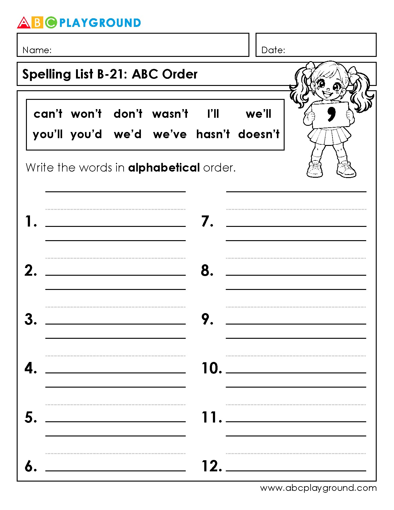 Practice Alphabetical Order with Contraction Words