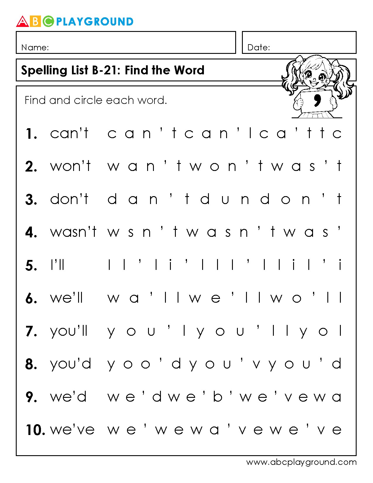 Find and Circle Contraction Words Activity