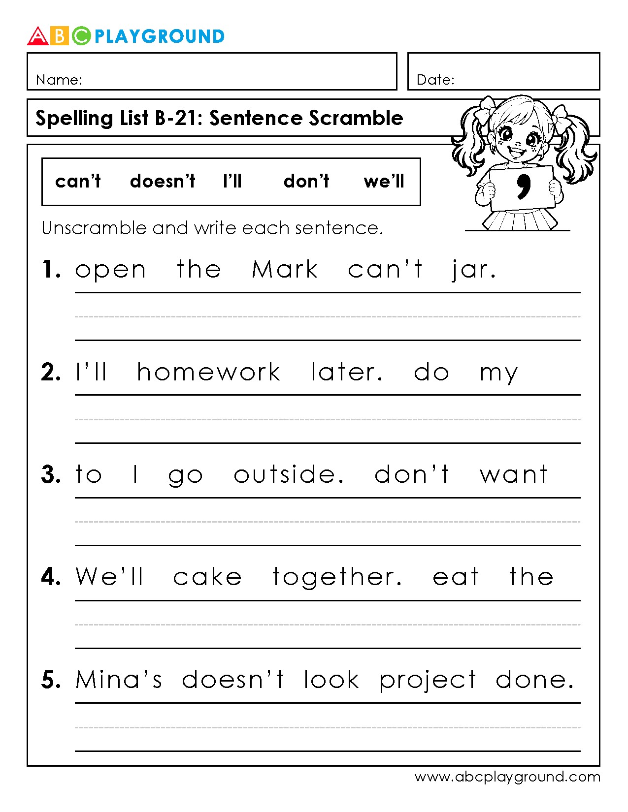 Sentence Scramble Practice with Common Contractions
