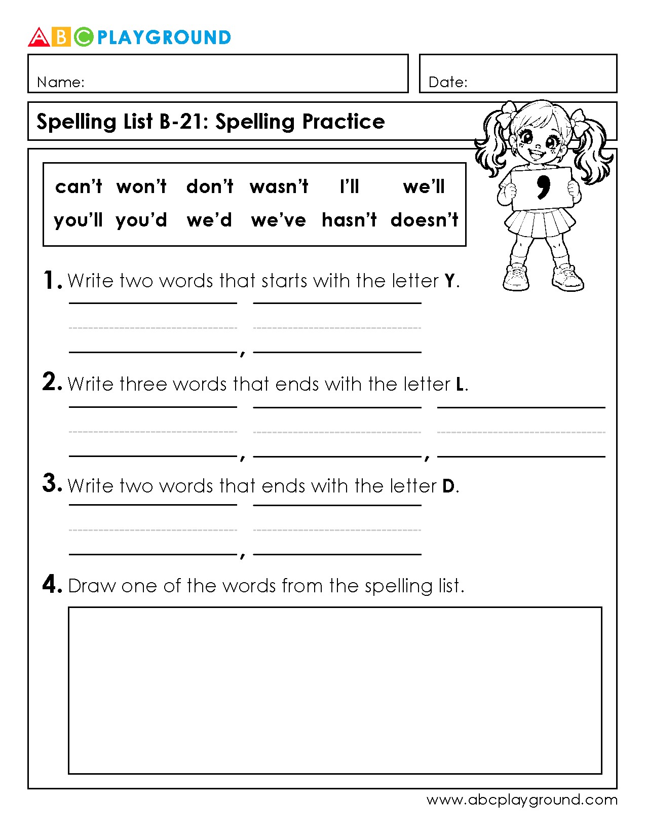 Spelling Practice with Contractions and Word Endings