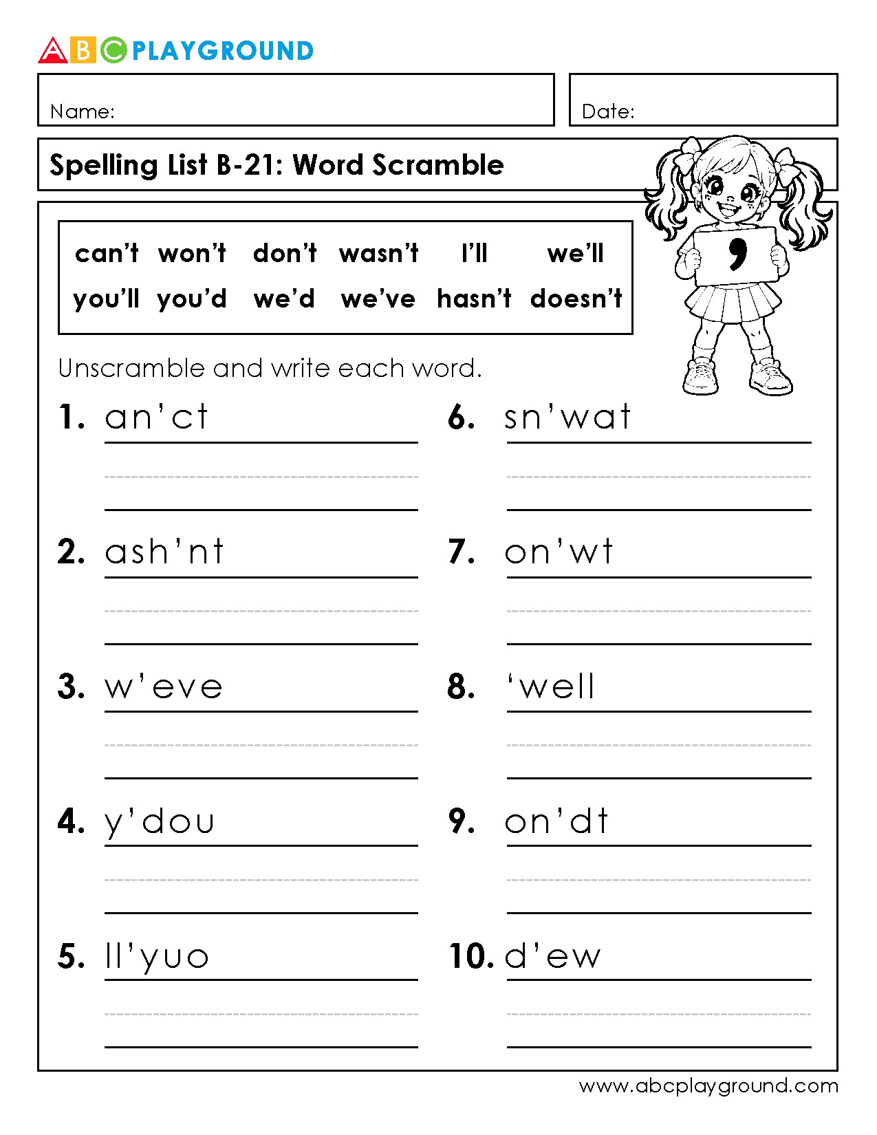 Contractions Word Scramble Spelling Practice