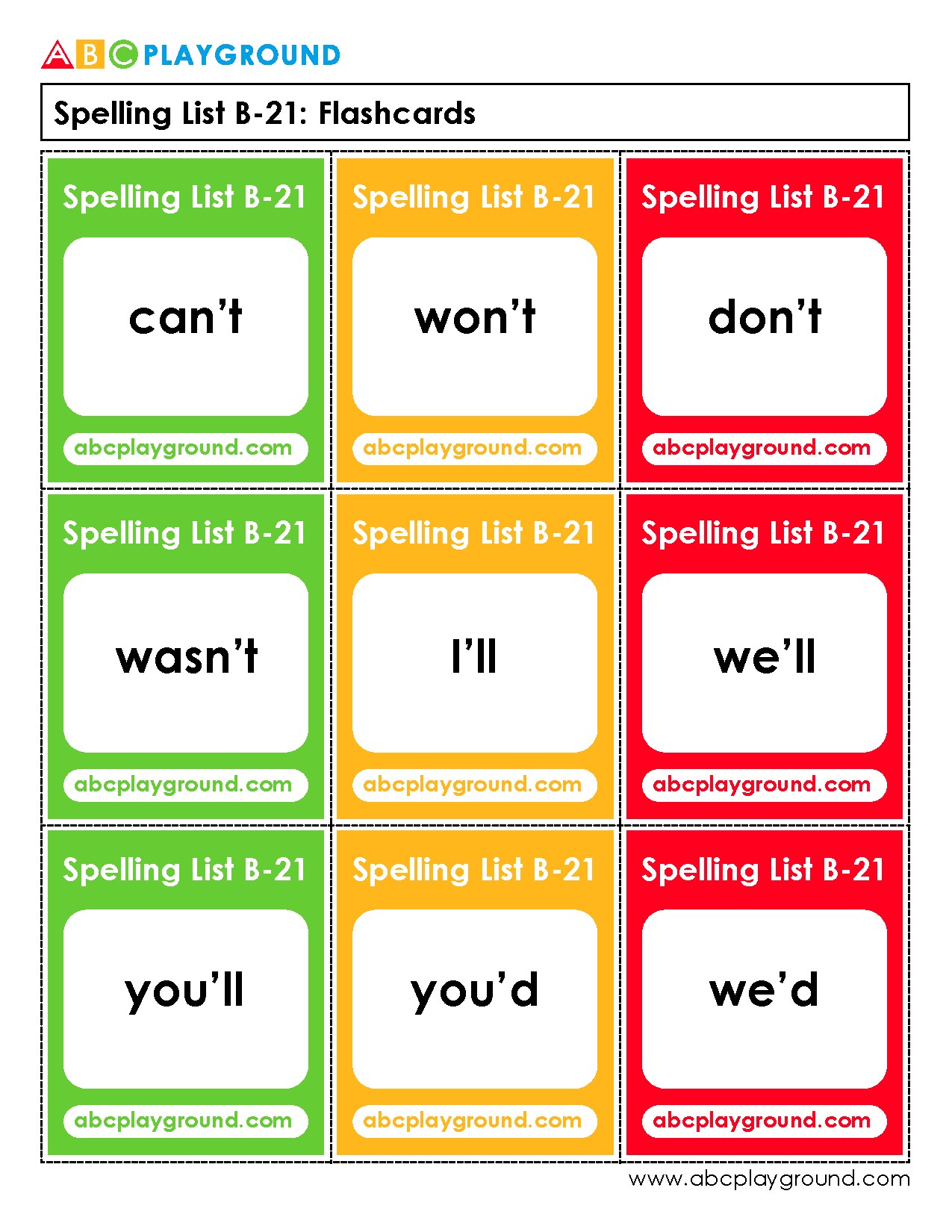 Contraction Spelling List B-21 Flashcards for Practice