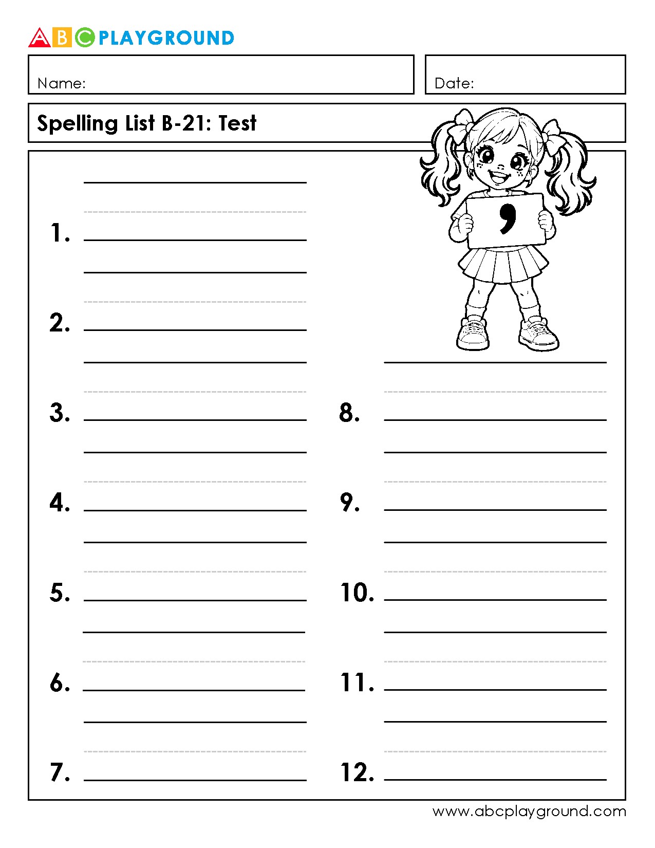 Printable Spelling Test Worksheet with Numbered List