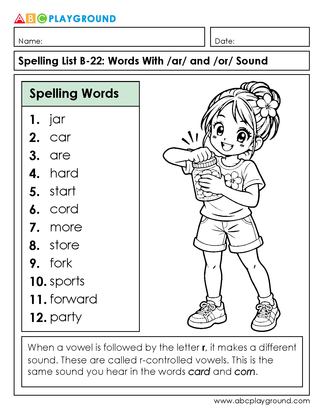 Spelling Practice with R-Controlled Vowels /ar/ and /or/ Sounds