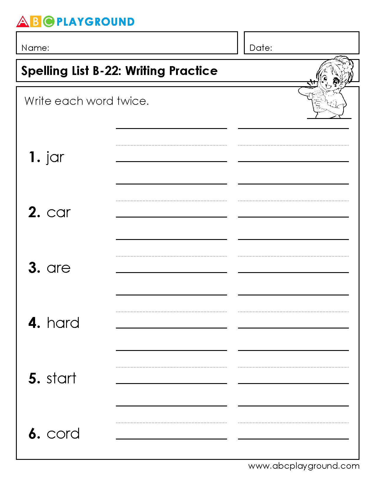 Spelling List B-22 Writing Practice Worksheet